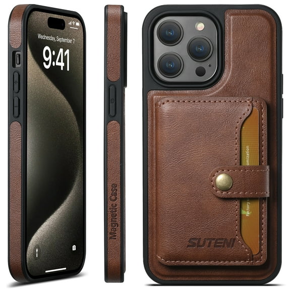 TECH CIRCLE Multifunctional Case for iPhone 15 Pro (6.1") 2023 Phone - PU Leather Protective Case with Removable Magnetic Wallet & Stand & Work with MagSafe Device Fearures, Lightweight Cover, Brown
