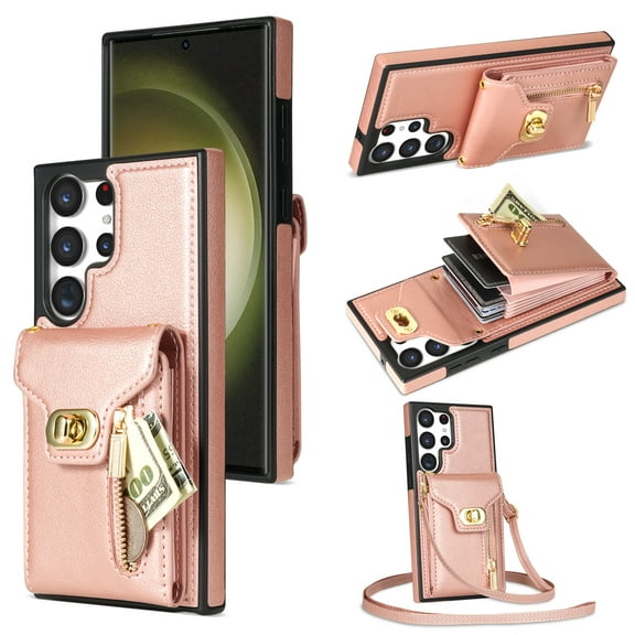 TECH CIRCLE Multifunctional Phone Case for Samsung Galaxy Note 20 Ultra Cell Phone - [Built-in Wallet] Protective Portable Leather Cover Shell with Adjustable Shoulder Strap, Rosegold