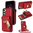 thumbnail image 1 of TECH CIRCLE Multifunctional Phone Case for Samsung Galaxy S21 FE Cell Phone - [Built-in Wallet] Protective Portable Leather Cover Shell with Adjustable Shoulder Strap, Red, 1 of 7