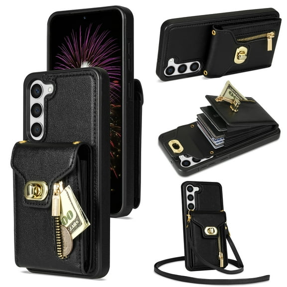 TECH CIRCLE Multifunctional Phone Case for Samsung Galaxy S22 Plus Cell Phone - [Built-in Wallet] Protective Portable Leather Cover Shell with Adjustable Shoulder Strap, Black