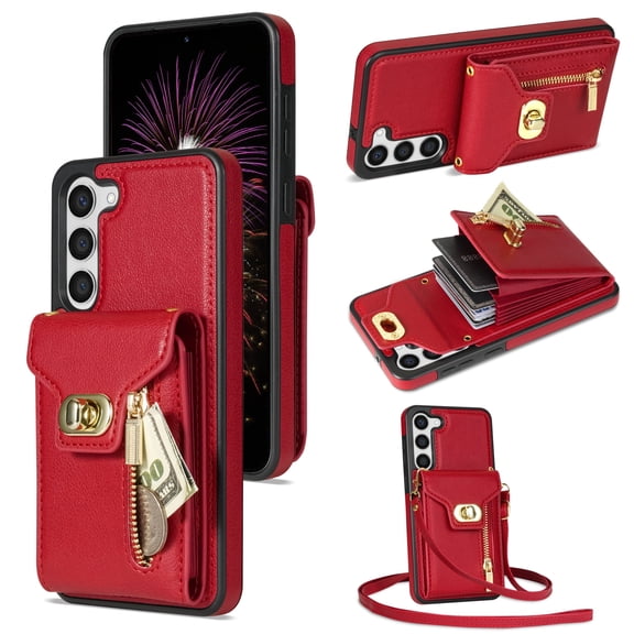 TECH CIRCLE Multifunctional Phone Case for Samsung Galaxy S23 FE Cell Phone - [Built-in Wallet] Protective Portable Leather Cover Shell with Adjustable Shoulder Strap, Red