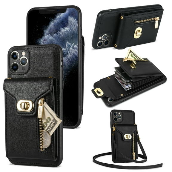 TECH CIRCLE Multifunctional Phone Case for iPhone 11 Pro Max Cell Phone - [Built-in Wallet] Protective Portable Leather Cover Shell with Adjustable Shoulder Strap, Black
