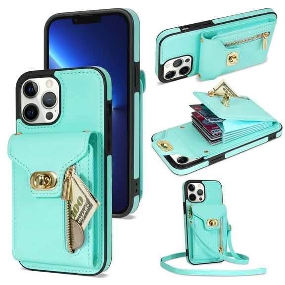 TECH CIRCLE Multifunctional Phone Case for iPhone 12 Pro Max Cell Phone - [Built-in Wallet] Protective Portable Leather Cover Shell with Adjustable Shoulder Strap, Mint