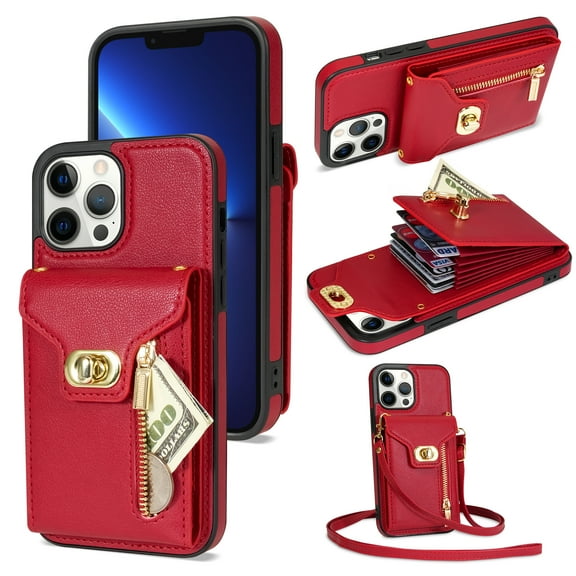 TECH CIRCLE Multifunctional Phone Case for iPhone 13 Pro Cell Phone - [Built-in Wallet] Protective Portable Leather Cover Shell with Adjustable Shoulder Strap, Red