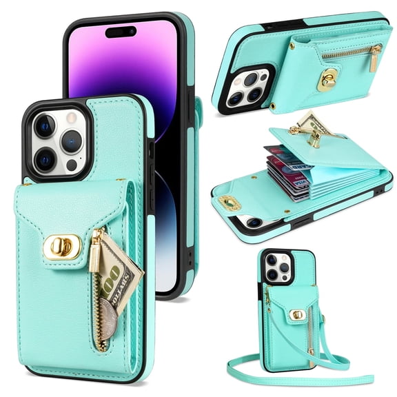 TECH CIRCLE Multifunctional Phone Case for iPhone 14 Pro Cell Phone - [Built-in Wallet] Protective Portable Leather Cover Shell with Adjustable Shoulder Strap, Mint