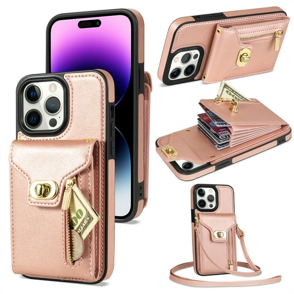 TECH CIRCLE Multifunctional Phone Case for iPhone 14 Pro Max Cell Phone - [Built-in Wallet] Protective Portable Leather Cover Shell with Adjustable Shoulder Strap, Rosegold