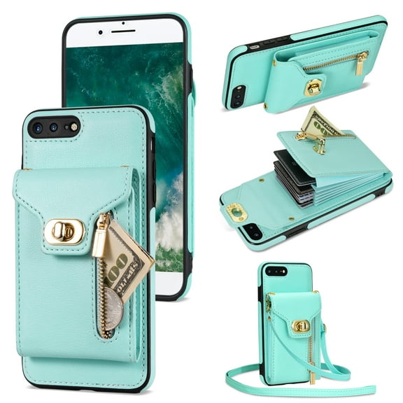 TECH CIRCLE Multifunctional Phone Case for iPhone 8 Plus/iPhone 7 Plus Cell Phone - [Built-in Wallet] Protective Portable Leather Cover Shell with Adjustable Shoulder Strap, Mint