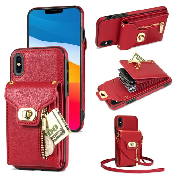 TECH CIRCLE Multifunctional Phone Case for iPhone XR Cell Phone - [Built-in Wallet] Protective Portable Leather Cover Shell with Adjustable Shoulder Strap, Red
