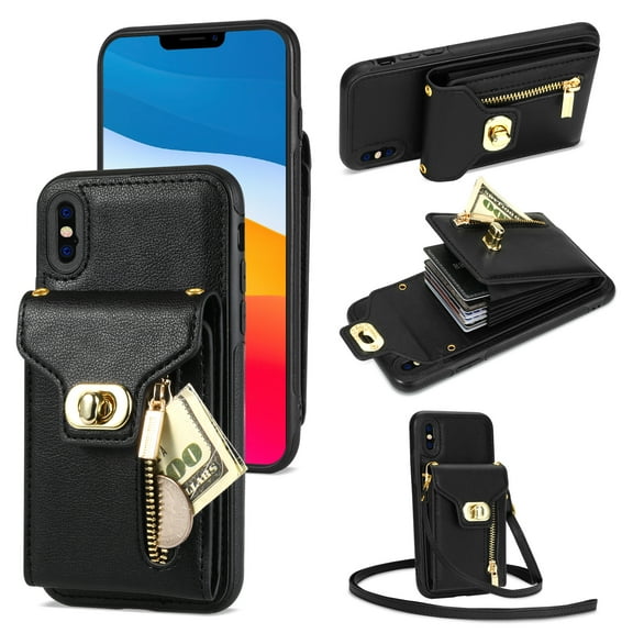TECH CIRCLE Multifunctional Phone Case for iPhone XS/iPhone X Cell Phone - [Built-in Wallet] Protective Portable Leather Cover Shell with Adjustable Shoulder Strap, Black
