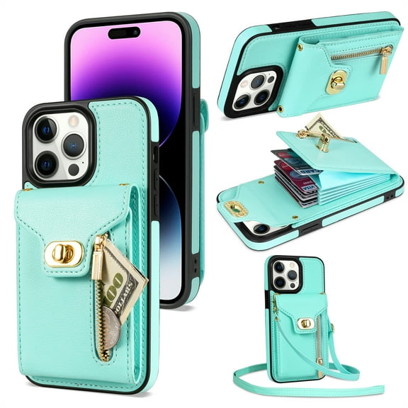 TECH CIRCLE Multifunctional Phone Case for iphone 15 Pro Cell Phone - [Built-in Wallet] Protective Portable Leather Cover Shell with Adjustable Shoulder Strap, Mint