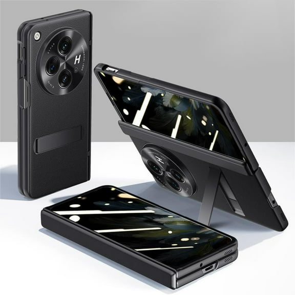 TECH CIRCLE for One Plus Open/Oppo Find N3 Slim Case, Foldable Bracket Tempered Glass Screen Protector Anti Peeping PU Leather Wear-resistant Hinge Protection Shockproof Shell for One Plus Open,Black