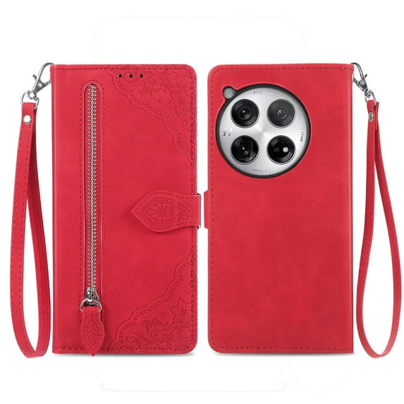 TECH CIRCLE For OnePlus 12R Wallet Case,Embossed Flower PU Leather Folio Flip Protective Zipper Wrist Strap RFID Blocking Card Holder Stand Case for OnePlus 12R 6.78" 2024,Red