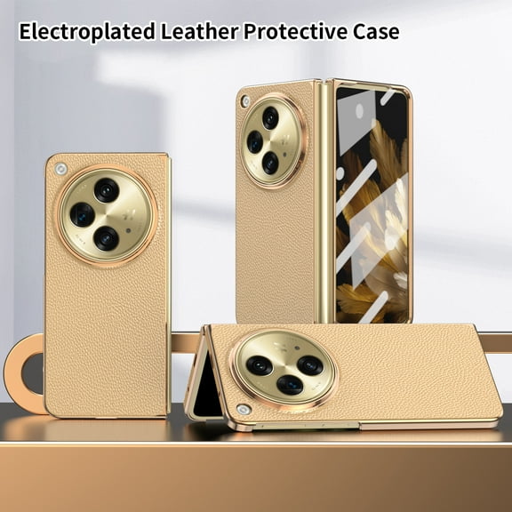 TECH CIRCLE for OnePlus Open Case with Buildt-in Screen Protector, Premium PU Leather Electroplated PC Ultra Slim Anti-Scratch Shockproof Full Body Cover Protective Phone Case for 1+ Open 2023, Gold