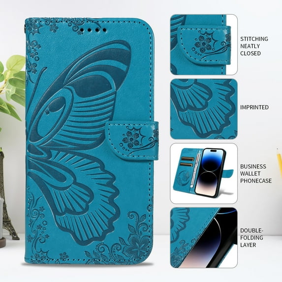 TECH CIRCLE PU Leather Case for Samsung Galaxy A35 (6.6") 2024 - Cute Butterfly Folio Case with Magnetic Strap to Provide Full Coverage Protection, Designed with Stand /Card Slots /Wrist Strap, Blue