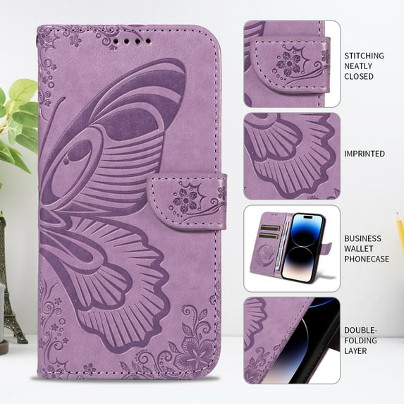 TECH CIRCLE PU Leather Case for Samsung Galaxy A52 (6.5") 2021 - Cute Butterfly Folio Case with Magnetic Strap for Full Coverage Protection, Designed with Stand /Card Slots /Wrist Strap, Purple