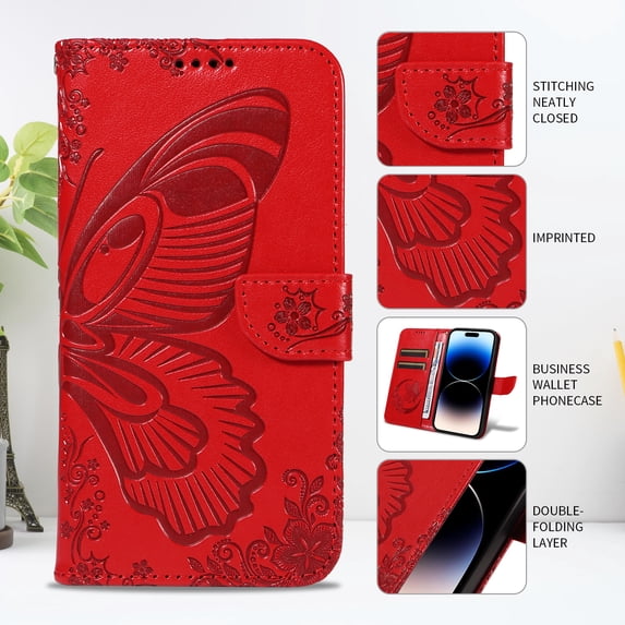 TECH CIRCLE PU Leather Case for Samsung Galaxy A52 (6.5") 2021 - Cute Butterfly Folio Case with Magnetic Strap to Provide Full Coverage Protection, Designed with Stand /Card Slots /Wrist Strap, Red