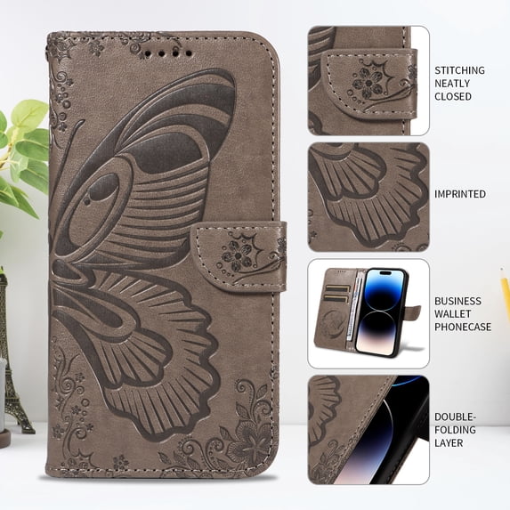 TECH CIRCLE PU Leather Case for Samsung Galaxy S22 (6.1") 2022 - Cute Butterfly Folio Case with Magnetic Strap to Provide Full Coverage Protection, Designed with Stand /Card Slots /Wrist Strap, Gray