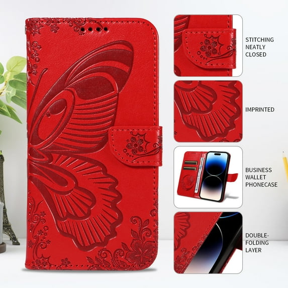 TECH CIRCLE PU Leather Case for Samsung Galaxy S23 Plus (6.6") 2023 - Cute Butterfly Folio Case with Magnetic Strap for Full Coverage Protection, Designed with Stand /Card Slots /Wrist Strap, Red