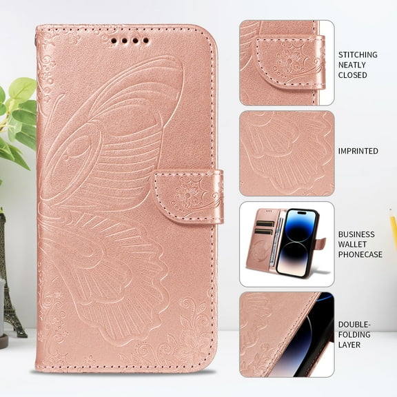 TECH CIRCLE PU Leather Case for iPhone SE 2022/2020 & iPhone 8/7 (4.7") - Cute Butterfly Folio Case with Magnetic Strap for Full Coverage Protection, Designed with Stand/Card Slots/Wrist Strap, Pink