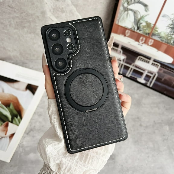 TECH CIRCLE PU Leather Magnetic Phone Case for Galaxy S22 Plus with Rotating Finger Ring Kickstand, Compatible with MagSafe, Anti-Scratch, Shock-Absorbent, Protective Slim Cover, Black