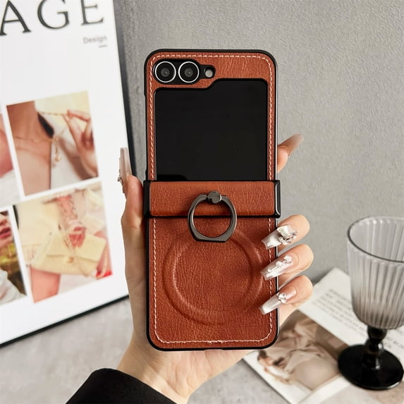 TECH CIRCLE PU Leather Magnetic Phone Case for Galaxy Z Flip 4 (2022) with Rotating Phone Ring Holder Kickstand, Compatible with MagSafe, Support Wireless Charging, Lightweight Slim Cover, Brown