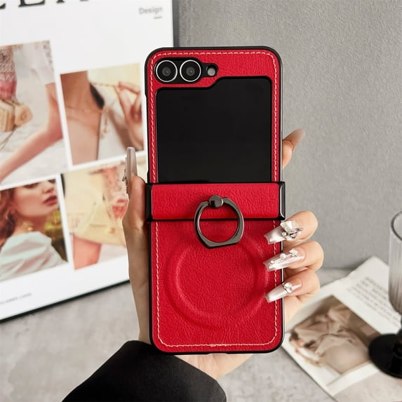 TECH CIRCLE PU Leather Magnetic Phone Case for Galaxy Z Flip 6 (2024) with Rotating Phone Ring Holder Kickstand, Compatible with MagSafe, Support Wireless Charging, Lightweight Slim Cover, Red