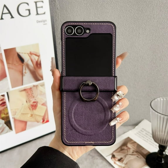 TECH CIRCLE PU Leather Magnetic Phone Case for Galaxy Z Flip 7 (2025) with Rotating Phone Ring Holder Kickstand, Compatible with MagSafe, Support Wireless Charging, Lightweight Slim Cover, Purple