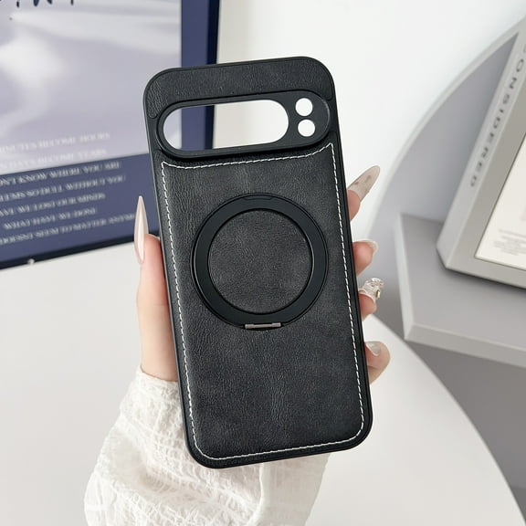 TECH CIRCLE PU Leather Magnetic Phone Case for Google Pixel 8 with Rotating Finger Ring Kickstand, Compatible with MagSafe, Anti-Scratch, Shock-Absorbent, Protective Slim Cover, Black