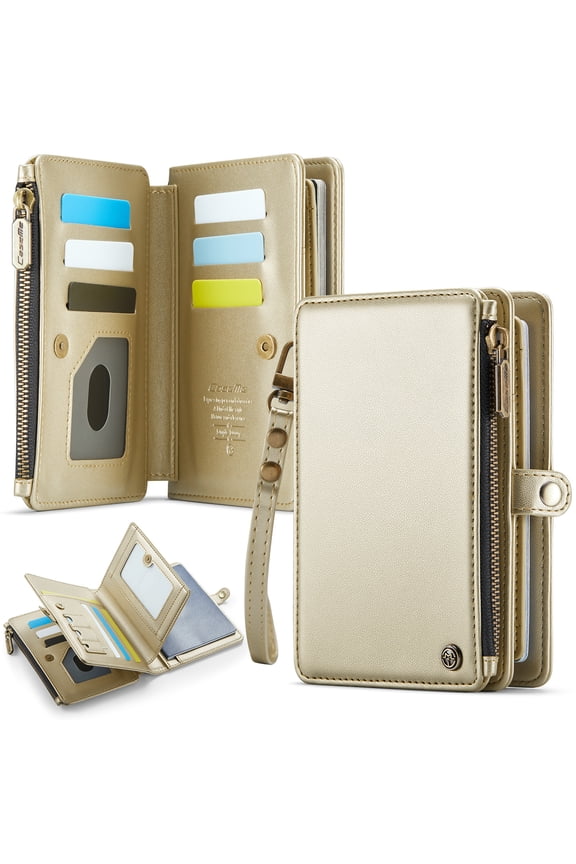 TECH CIRCLE PU Leather Passport Holder Flip Wallet Case with Wrist Strap Lanyard for Travel Essentials, Built-in Magnetic Snap Closure, Multiple Slots Pockets, RFID Blocking, for Women Men, Gold