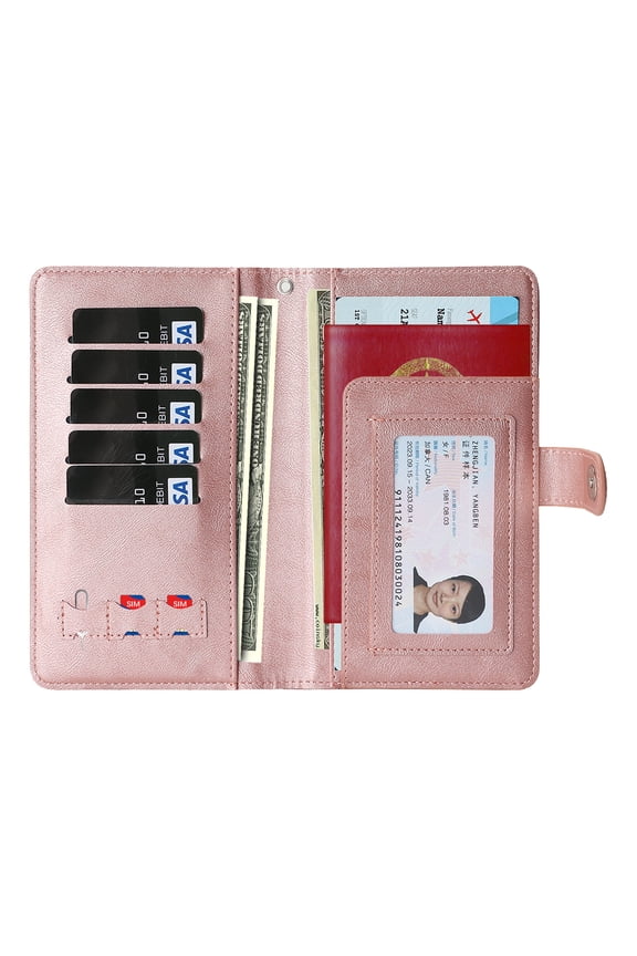 TECH CIRCLE PU Leather Passport Holder Wallet Case with Detachable Wrist Strap Lanyard for Travel Essentials, Built-in Magnetic Snap Closure, Multiple Slots Pockets, RFID Blocking, Rosegold