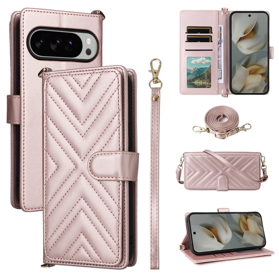 TECH CIRCLE Phone Case for Google Pixel 10 / 10 Pro Wallet Cover with Shoulder Strap Lanyard Card Holder & Cash Slot Stand PU Leather Flip Cell Zipper for Women Girls,Pink