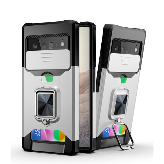 TECH CIRCLE Phone Case for Google Pixel 6-5G (6.4 Inch) - [Sliding Cover for Camera], Silicone/Plastic Protective Composite Case, Shockproof Drop Proof Rugged Cover with Kickstand /Card Holder Silver)