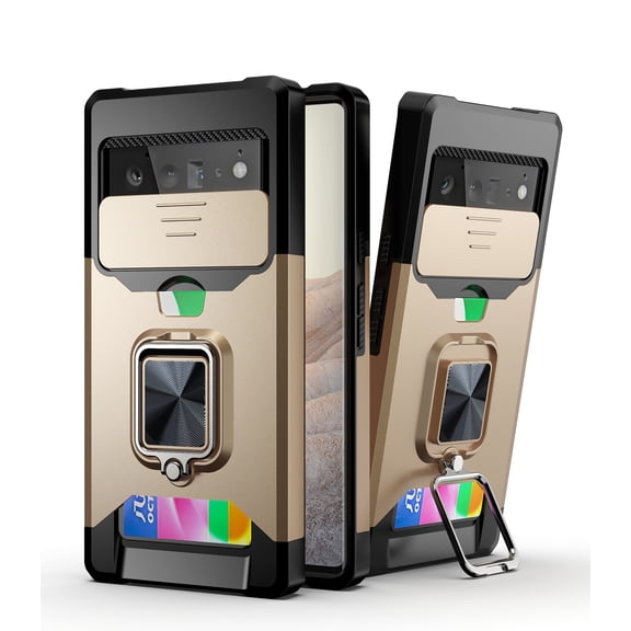 TECH CIRCLE Phone Case for Google Pixel 6-5G (6.4 Inch) - [Sliding Cover for Camera], Silicone/Plastic Protective Composite Case, Shockproof Drop Proof Rugged Cover with Kickstand /Card Holder (Gold)