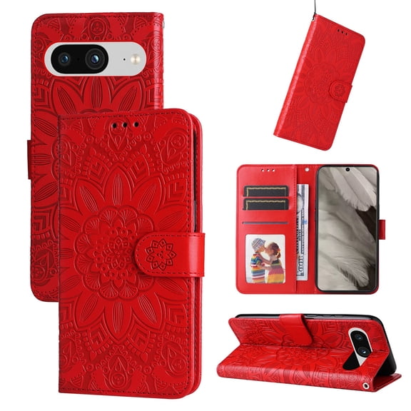 TECH CIRCLE Phone Case for Google Pixel 8,Google Pixel 8 Wallet Case Sunflower Embossed PU Leather Flip Phone Cover Card Slots Magnetic Clasp Stand Kickstand Case with Hand Strap, Red