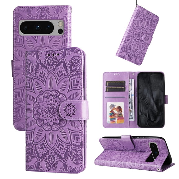 TECH CIRCLE Phone Case for Google Pixel 8 Pro,Google Pixel 8 Pro Wallet Case Sunflower Embossed PU Leather Flip Phone Cover Card Slots Magnetic Clasp Stand Kickstand Case with Hand Strap - Purple