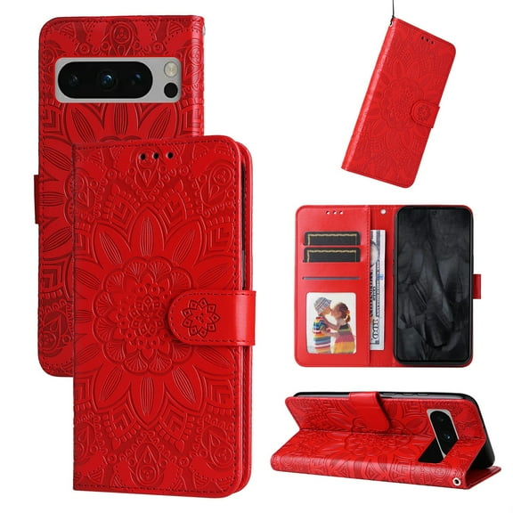 TECH CIRCLE Phone Case for Google Pixel 8 Pro,Google Pixel 8 Pro Wallet Case Sunflower Embossed PU Leather Flip Phone Cover Card Slots Magnetic Clasp Stand Kickstand Case with Hand Strap - Red