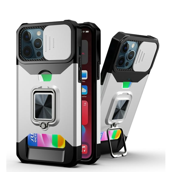 TECH CIRCLE Phone Case for iPhone 13 Mini (5.4 Inch) - [Sliding Cover for Camera], Silicone/Plastic Protective Composite Case, Shockproof Drop Proof Rugged Cover with Kickstand /Card Holder (Silver)