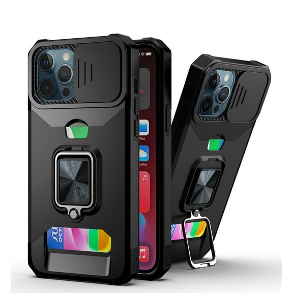 TECH CIRCLE Phone Case for iPhone 13 Pro Max (6.7 Inch) - [Sliding Cover for Camera], Silicone/Plastic Protective Composite Case, Shockproof Drop Proof Rugged Cover with Kickstand /Card Holder (Black)