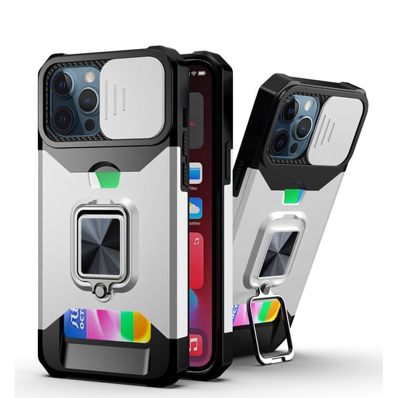 TECH CIRCLE Phone Case for iPhone 13 Pro Max (6.7 Inch) - [Sliding Cover for Camera], Silicone/Plastic Protective Composite Case, Shockproof Drop Proof Rugged Cover with Kickstand /Card Holde (Silver)