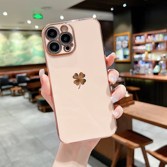 TECH CIRCLE Plating Case for iPhone 13 Pro Four Leaf Clover Pattern Cute for Women Girls Soft Plating Edge Stylish Full Body Protective Shockproof Case For iPhone 13 Pro,Pink