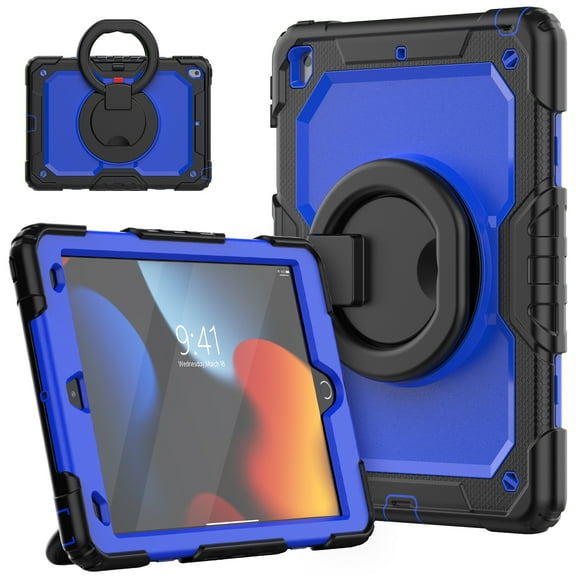 TECH CIRCLE Rugged Case for Apple (10.2-Inch) iPad Tablet (iPad 9th/8th/7th Gen) - Drop Proof Protective Kickstand Case Portable Handle Sturdy Cover with [Screen Protector], Black+Blue