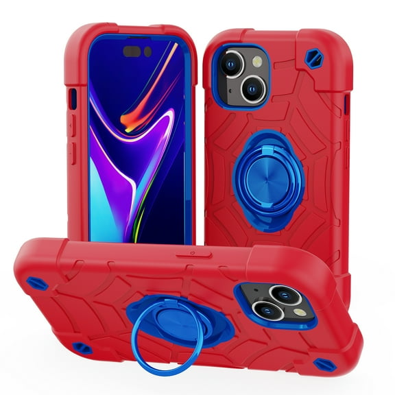 TECH CIRCLE Rugged Case for iPhone 15 6.1" 2023 - Shockproof Hard Plastic Durable Silicone Shell Cover with Sturdy Kickstand /Phone Ring Holder [Comptiable with MagSafe] Protective Case, Red Blue