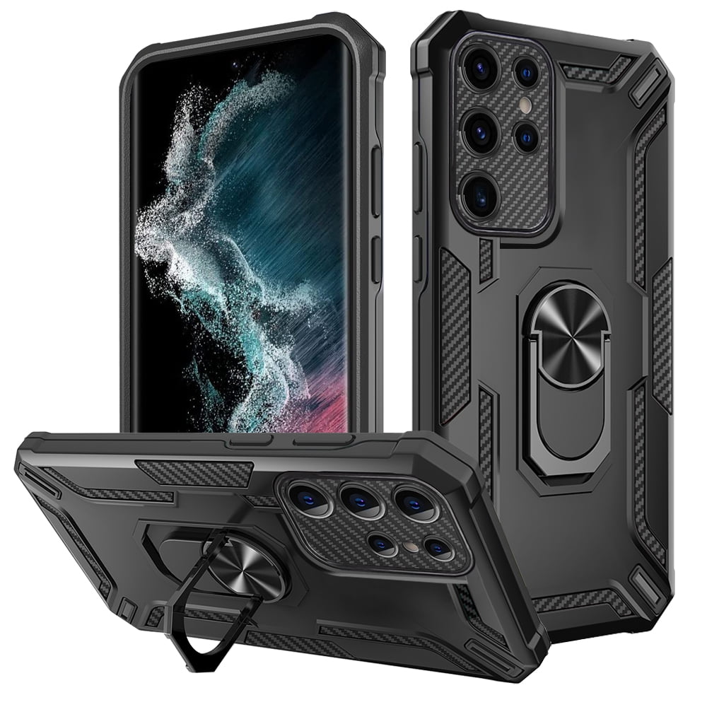 TECH CIRCLE Rugged Cool Case for Samsung Galaxy S22 Ultra 6.8" 2022 - Protective Hard Shell Case [Built-in Sturdy Kickstand / Phone Ring Holder] Compatible with Magnetic Car Mount Phone Cover, Black