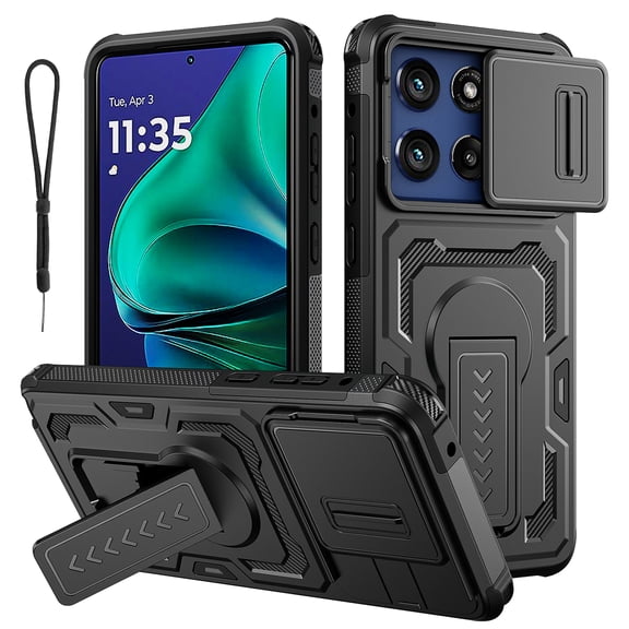 TECH CIRCLE Rugged Phone Case for Moto G 2025/2026 and Moto G Play 2026, with Wrist Strap, Built-in Sliding Camera Cover, Kickstand, Hard Shell Protective Lightweight Cover, Black