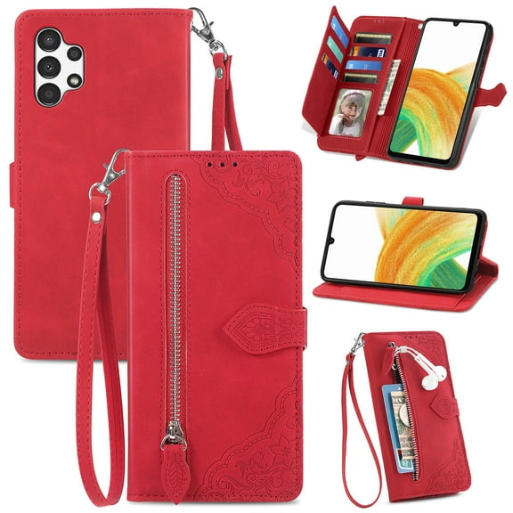 TECH CIRCLE Samsung Galaxy A13 Wallet Case,Embossed Flower PU Leather Folio Flip Protective Zipper Cover with Wrist Strap RFID Blocking Card Holder Kickstand Case for Galaxy A13 5G 6.5" 2021, Red