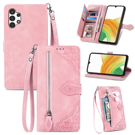 TECH CIRCLE Samsung Galaxy A13 Wallet Case,Embossed Flower PU Leather Folio Flip Protective Zipper Cover with Wrist Strap RFID Blocking Card Holder Kickstand Case for Galaxy A13 5G 6.5" 2021, Pink