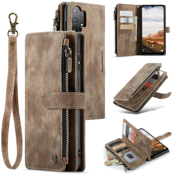 TECH CIRCLE Samsung Galaxy A14 5G Wallet Case, Premium PU Leather Zipper Flip Folio RFID Blocking with Card Slot Wrist Strap Magnetic Closure Kickstand Protective Wallet Case for Women Men,Brown