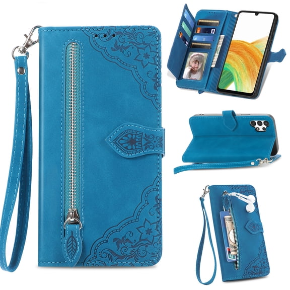 TECH CIRCLE Samsung Galaxy A14 Wallet Case,Embossed Flower PU Leather Folio Flip Protective Zipper Cover with Wrist Strap RFID Blocking Card Holder Kickstand Case for Galaxy A14 5G 6.6" 2023, Blue