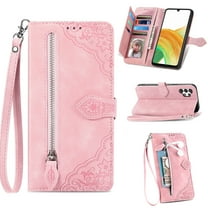 TECH CIRCLE Samsung Galaxy A14 Wallet Case,Embossed Flower PU Leather Folio Flip Protective Zipper Cover with Wrist Strap RFID Blocking Card Holder Kickstand Case for Galaxy A14 5G 6.6" 2023, Pink