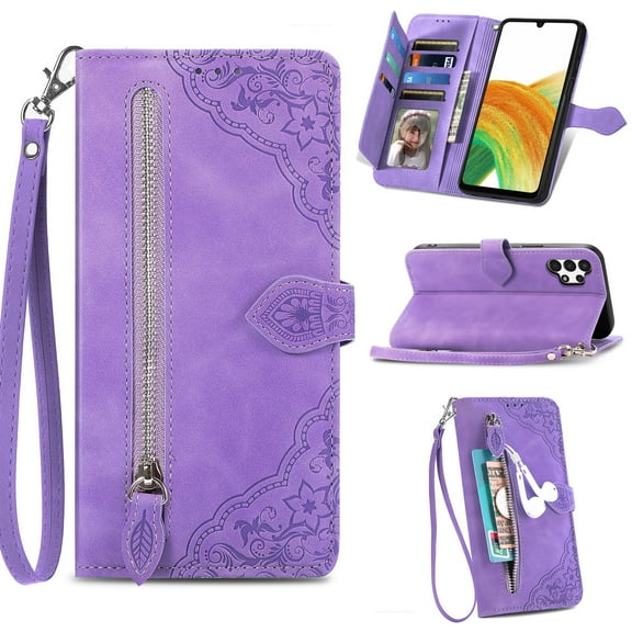 TECH CIRCLE Samsung Galaxy A14 Wallet Case,Embossed Flower PU Leather Folio Flip Protective Zipper Cover with Wrist Strap RFID Blocking Card Holder Kickstand Case for Galaxy A14 5G 6.6" 2023, Purple